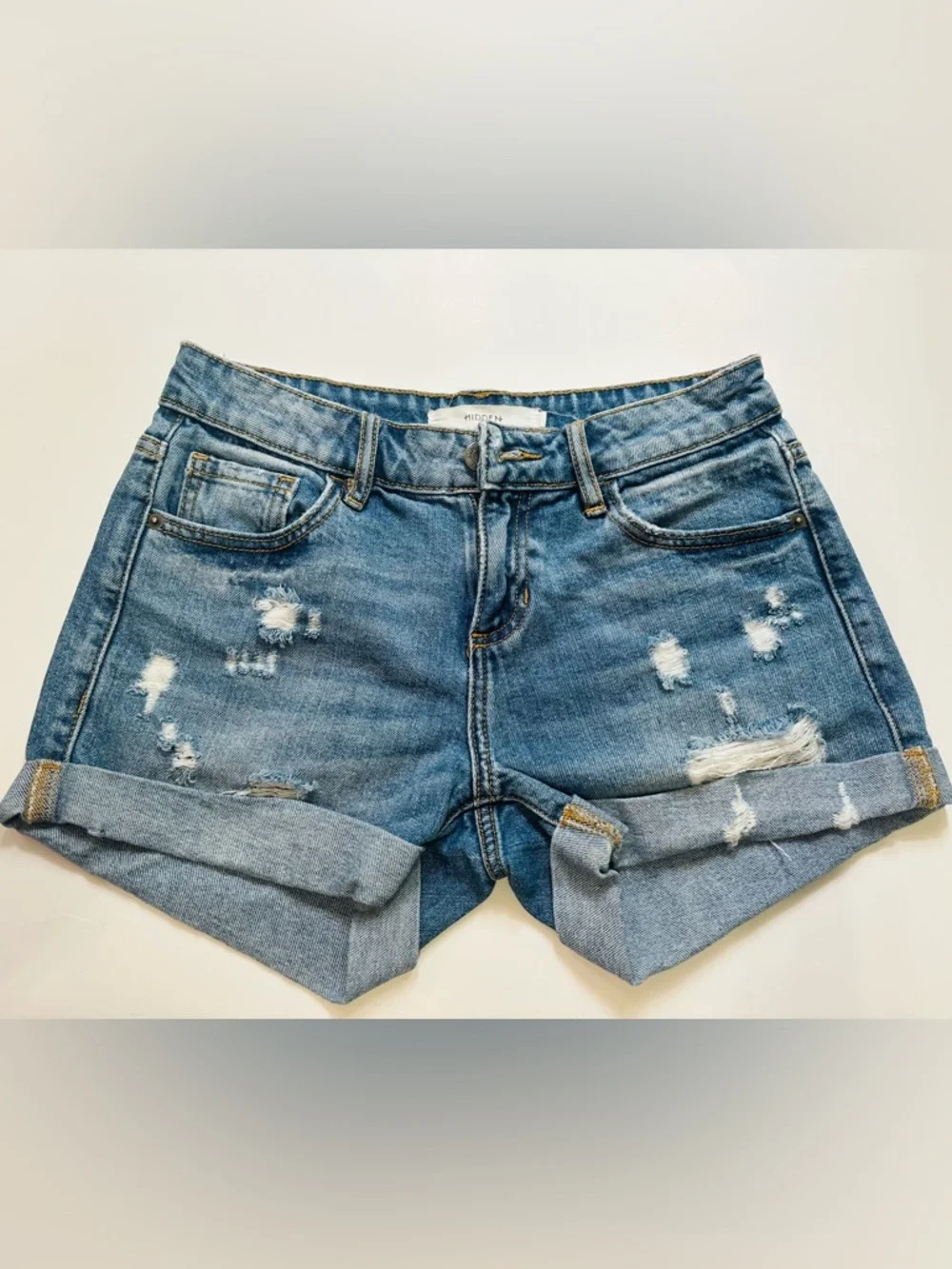 Hidden Jeans Rolled-Hem Distressed Denim Shorts - Blue - Picture 1 of 6